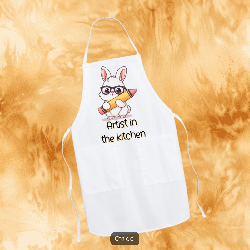 Funny Bunny Artist Apron: A fluffy bunny wearing glasses holds a giant crayon, making this a cute and functional art/kitchen accessory.