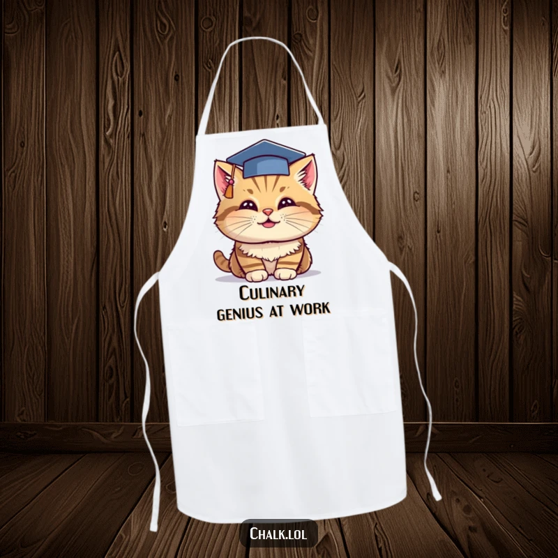 Funny Grad Cat Apron: A cheerful cat wearing a graduation cap dips chalk, making it a smart and functional kitchen accessory.