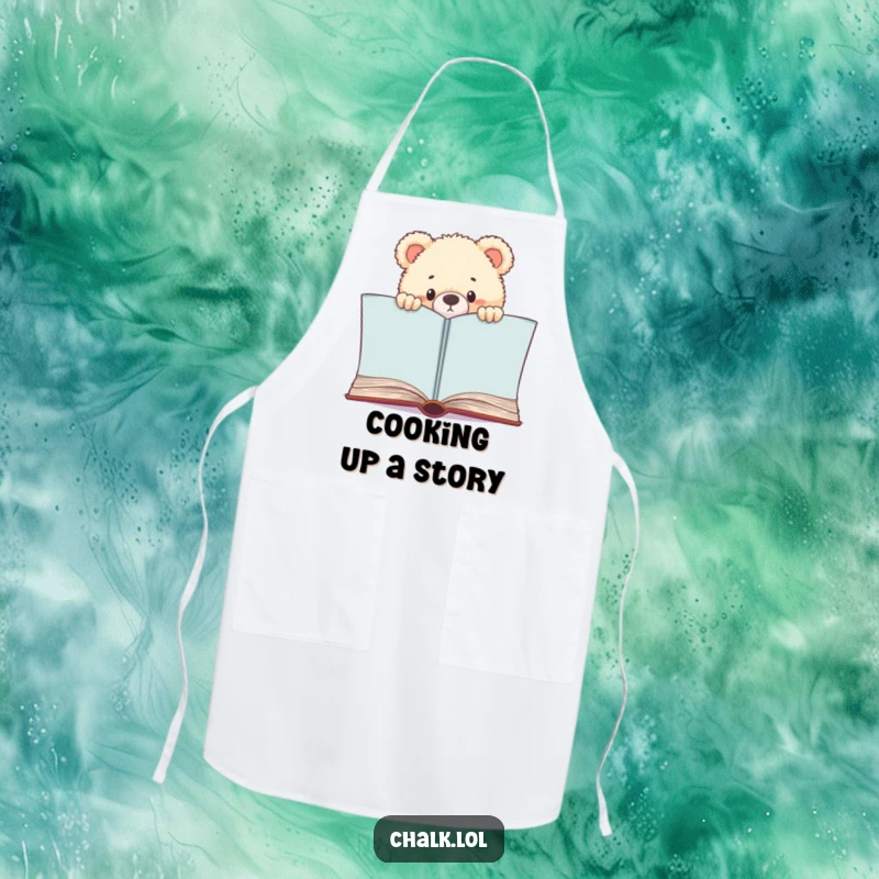 Funny Bear Cub Bookworm Apron, a cub peeks from a recipe book, bringing humor to the kitchen, a funny gift for cooks.