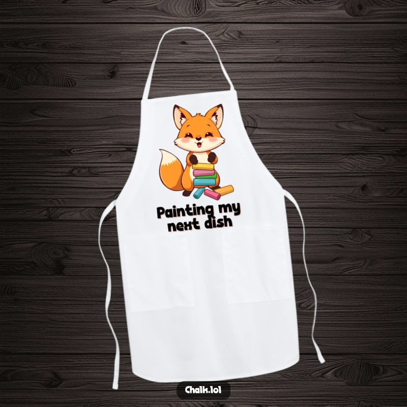 Funny Fox Artist Apron, a fox tosses chalk, bringing artistic fun to cooking, a funny gift for chefs.