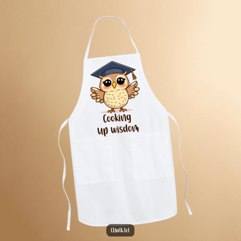 Funny graduation owl apron showing a silly, excited owl in a cap, flapping wings. Humorous kitchen wear for celebrating academic and cooking success.