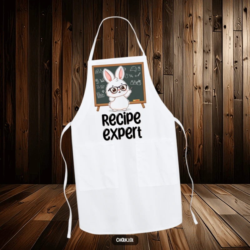 Funny Bunny Scholar Apron showing a fluffy bunny wearing tiny glasses, pointing enthusiastically at a blackboard with drawings, perfect for teaching or kitchen fun.