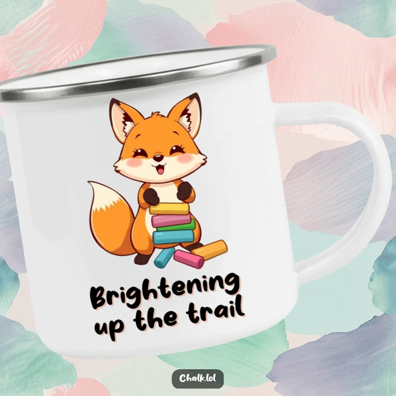 Funny Fox Artist Camping Mug, a fox tosses chalk, perfect for outdoor creativity, a funny gift for campers.