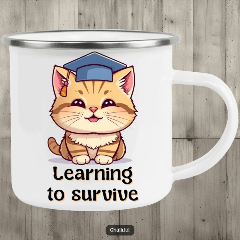 Funny Grad Cat Camping Mug: A cheerful cat in a graduation cap dips chalk, depicted on a durable enamel mug for smart campers.