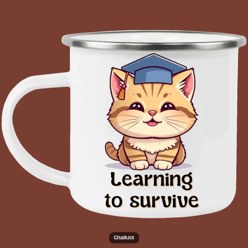 Funny Grad Cat Camping Mug - Cheerful Kitty Graduation Enamel Cup, Perfect Funny Graduation Gift