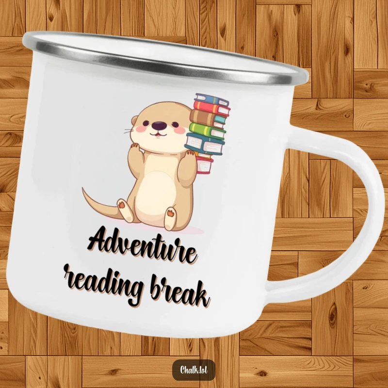 Funny Otter Camping Mug: Durable enamel mug featuring a playful otter balancing books on its nose.