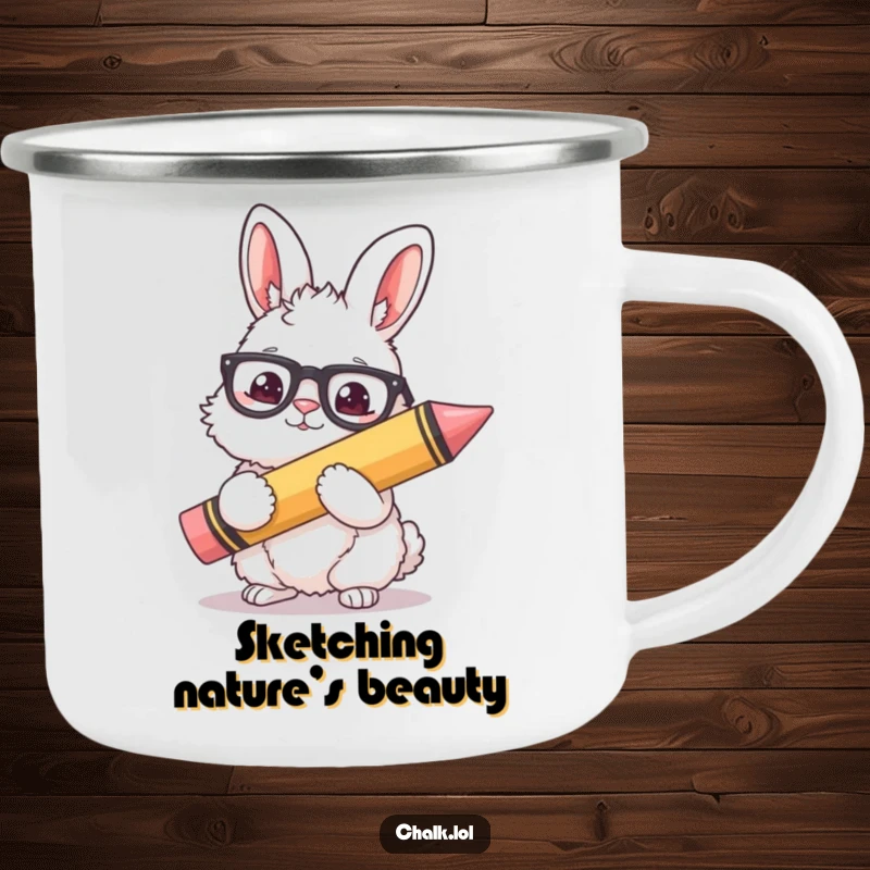 Funny Bunny Artist Camping Mug: A fluffy bunny wearing glasses holds a giant crayon, depicted on a durable enamel mug for outdoor creativity.