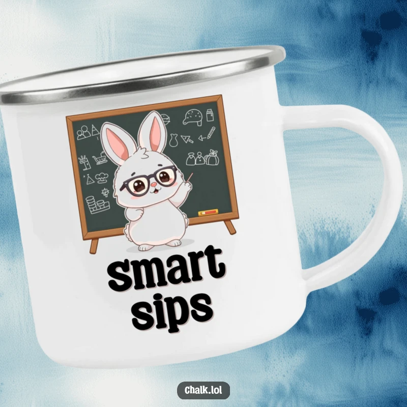 Funny Bunny Scholar Camping Mug showing a fluffy bunny wearing tiny glasses, pointing at a blackboard with drawings, ready for outdoor learning.