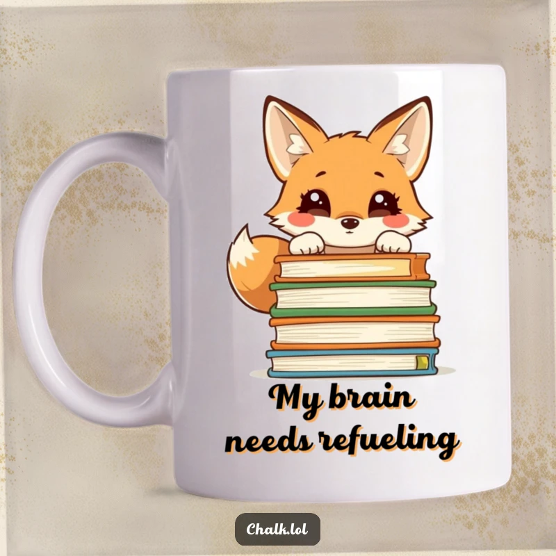 Funny mug showcasing a clever fox peering curiously over a tall pile of textbooks, ready for a study session.