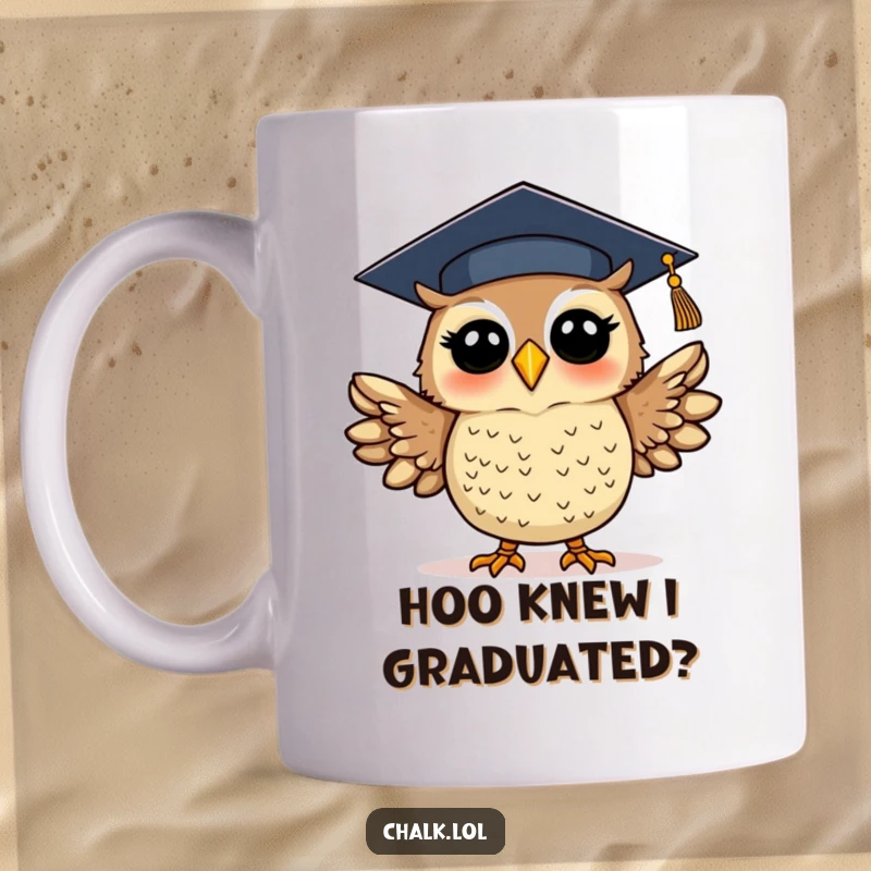 Funny graduation owl mug with a silly, excited owl in a cap flapping wings, celebrating academic achievement. A whimsical and joyous design.