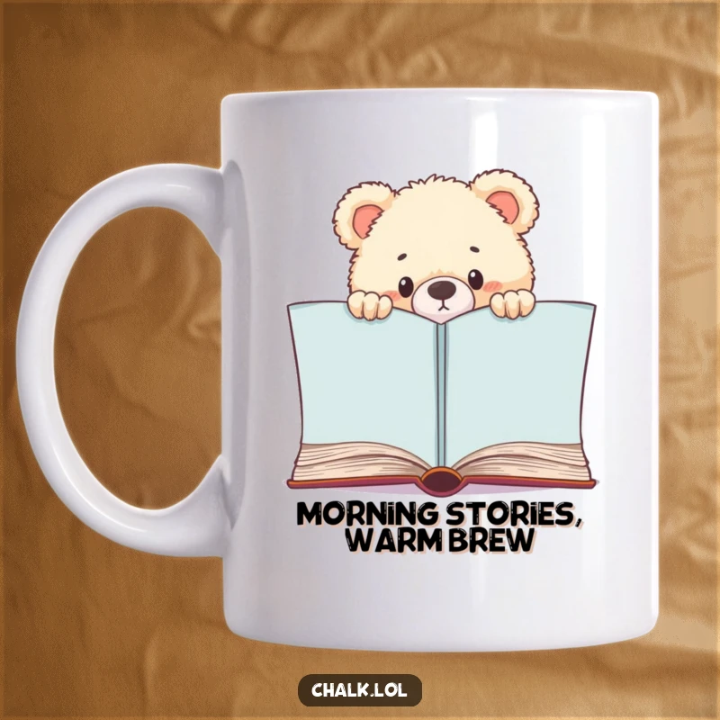 Funny Bear Cub Bookworm Mug, a fluffy cub curiously peeks over a large open book, exuding innocence and love for stories, a funny gift.