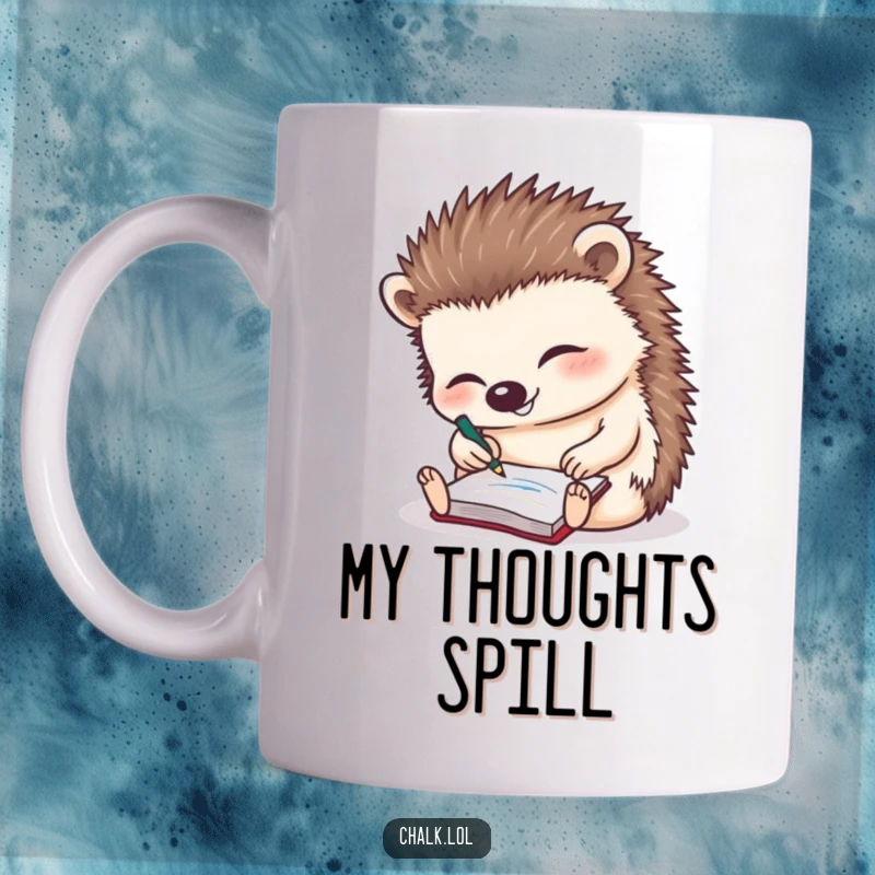 Funny Hedgehog Mug: A cute, giggling hedgehog enthusiastically scribbling notes on a very small notepad.