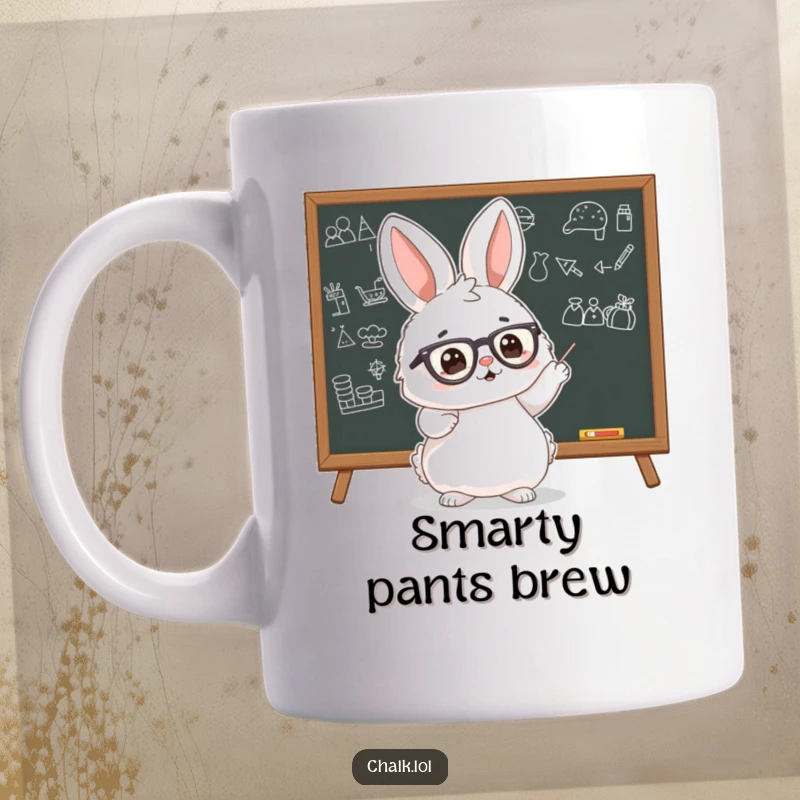 Funny Bunny Scholar Mug showing a fluffy bunny wearing tiny glasses, pointing enthusiastically at a blackboard with drawings, sharing knowledge.