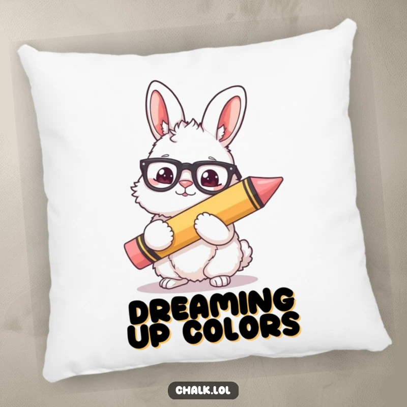 Funny Bunny Artist Pillow: A fluffy bunny wearing glasses holding a giant crayon, a soft and humorous cushion for art enthusiasts.