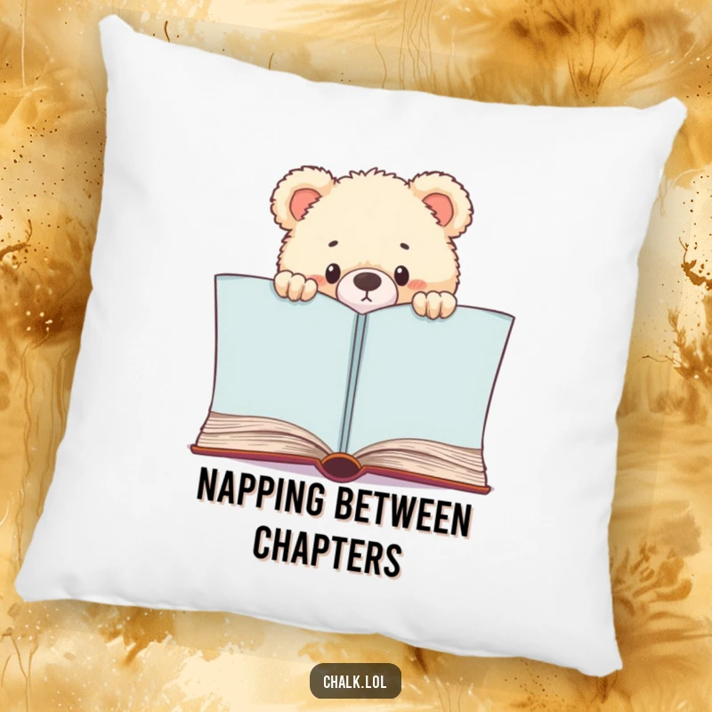 Funny Bear Cub Bookworm Pillow, a cub peeks over a book, perfect for reading nooks, a funny and comfortable gift.
