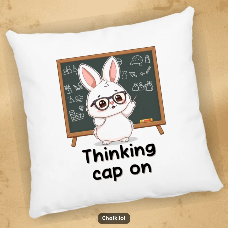 Funny Bunny Scholar Pillow featuring a fluffy bunny wearing tiny glasses, pointing enthusiastically at a blackboard with drawings, perfect for cozy study comfort.