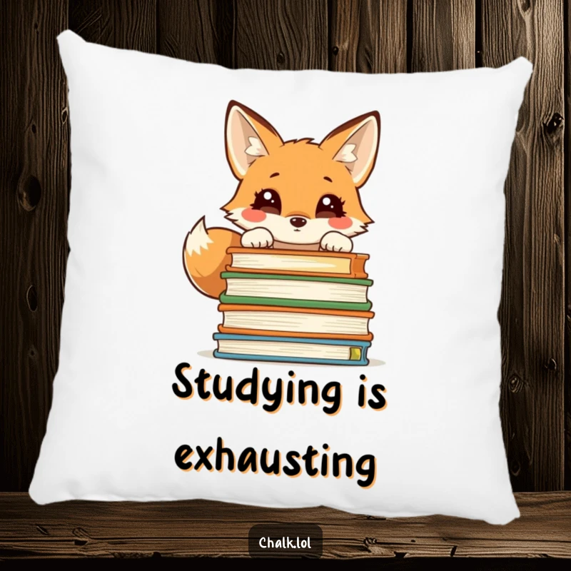Funny pillow with a curious fox peeking over a stack of textbooks, offering comfort and a touch of academic charm.
