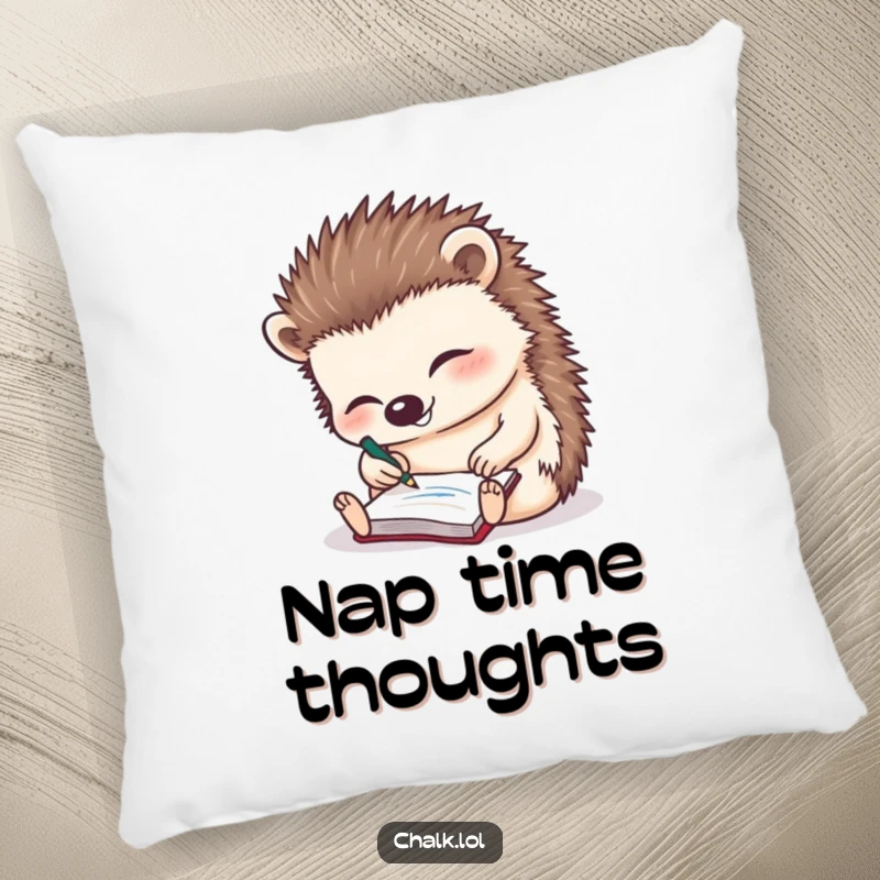 Funny Hedgehog Pillow: A soft cushion featuring a giggling hedgehog scribbling on a tiny notepad.