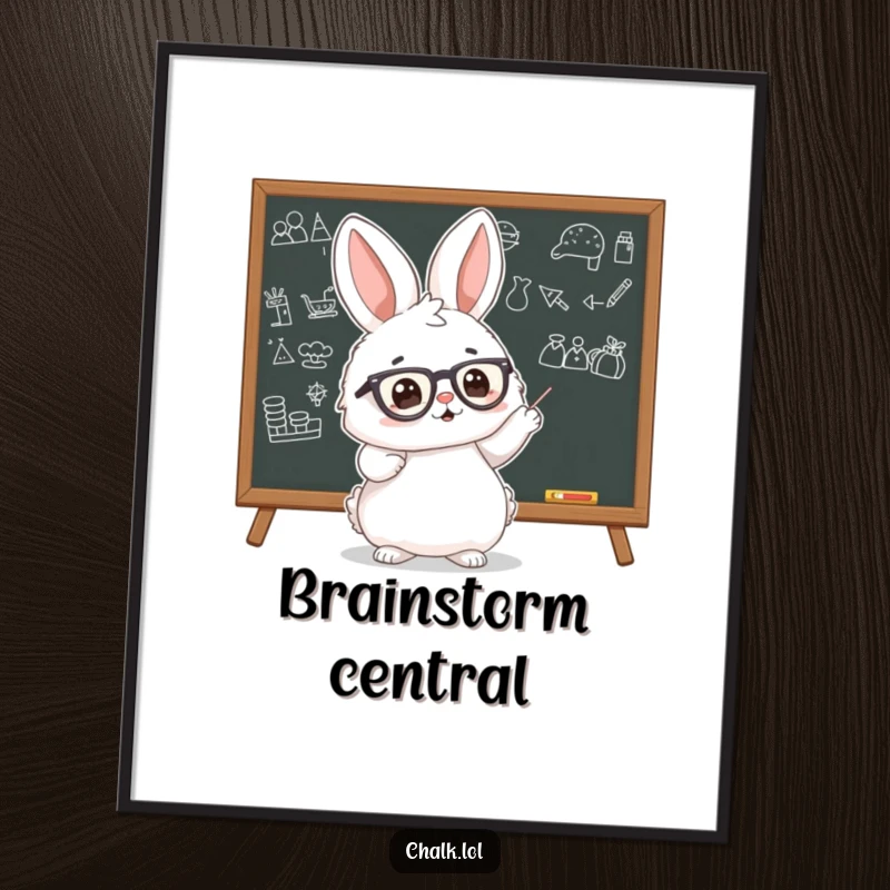 Funny Bunny Scholar Digital Art Print of a fluffy bunny with tiny glasses, pointing at a blackboard with drawings, ideal for educational decor.