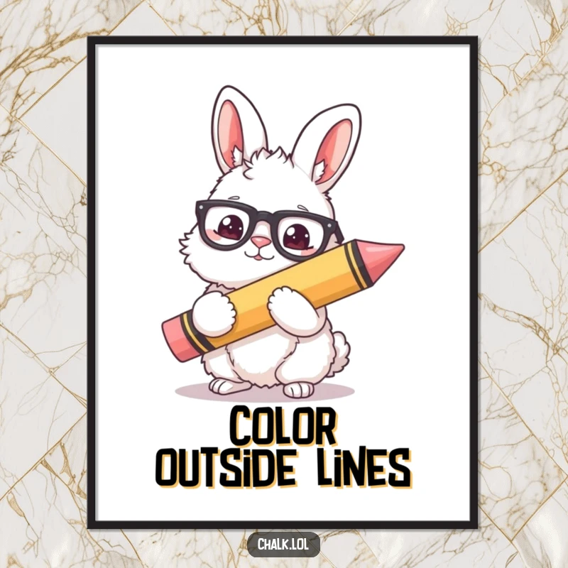 Funny Bunny Artist Digital Art Print: A fluffy bunny wearing glasses holds a giant crayon, ready to inspire artistic expression.