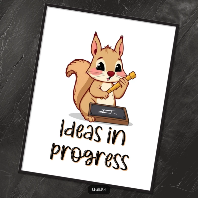 Funny squirrel scholar digital art print of a determined squirrel writing with chalk on a slate. Humorous and motivational instant download.