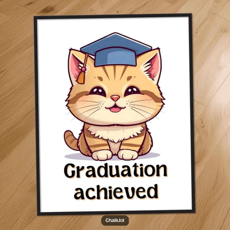 Funny Grad Cat Digital Art Print: A cheerful cat wearing a graduation cap dips chalk, ready to inspire academic success.