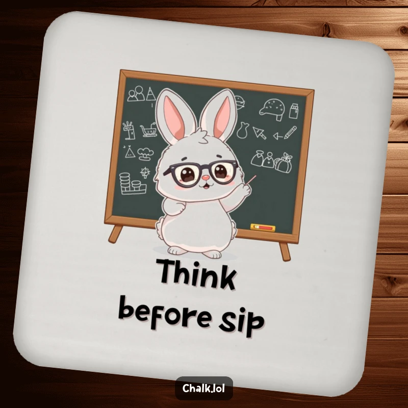 Funny Bunny Scholar Coasters featuring a fluffy bunny wearing tiny glasses, pointing at a blackboard with drawings, protecting surfaces stylishly.