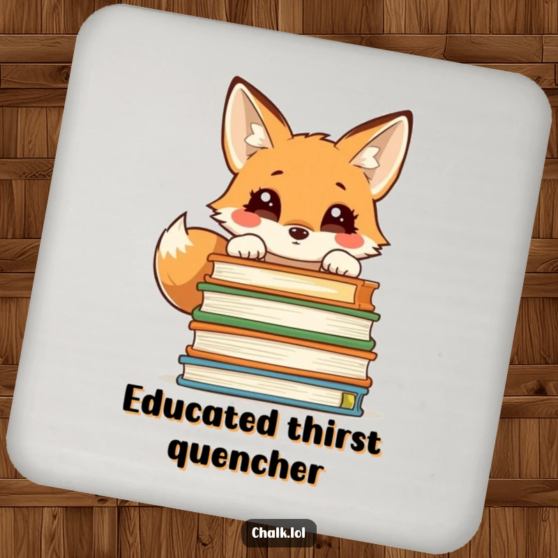 Funny drink coaster with a curious fox peering over a stack of books, protecting furniture with a scholarly vibe.