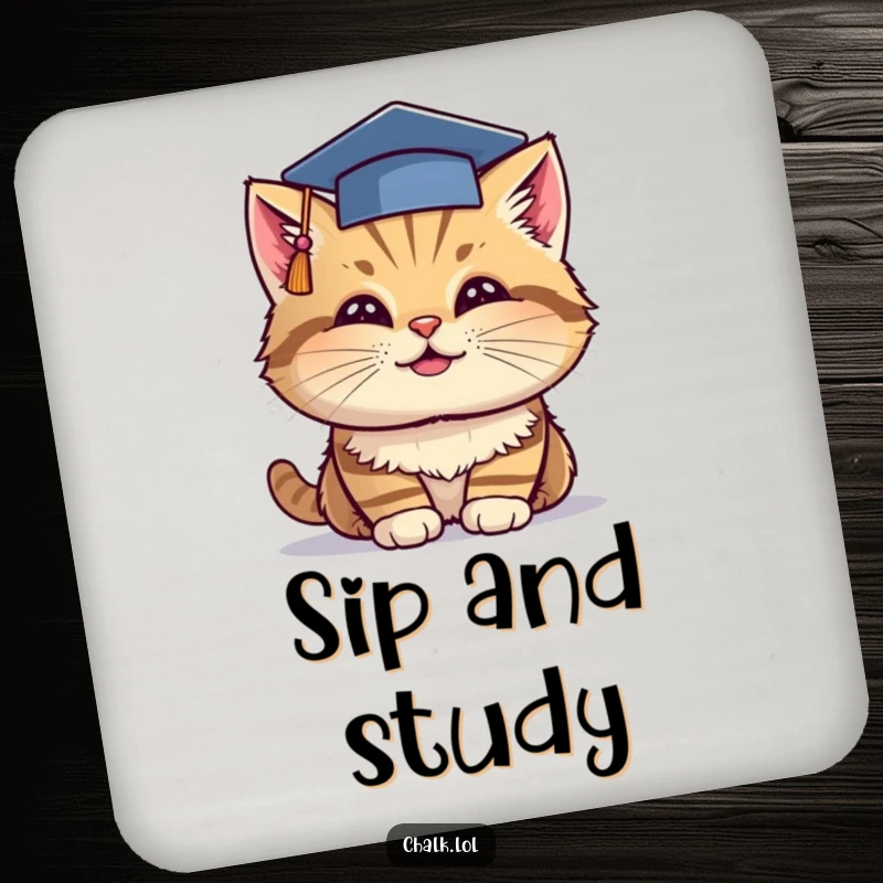 Funny Grad Cat Drink Coaster: A cheerful cat wearing a graduation cap dips chalk, adding academic humor to your table.