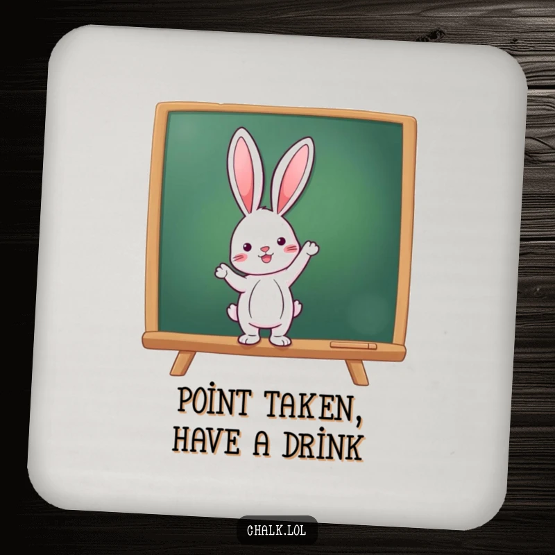 Funny Rabbit Teacher Coaster Set, a rabbit points at a chalkboard, protecting surfaces with charm, a funny gift for hosts.