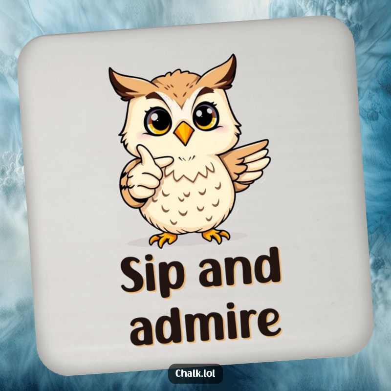 Funny Owl Art Drink Coaster: A joyful owl proudly points at a colorful drawing, adding artistic wisdom to your table.
