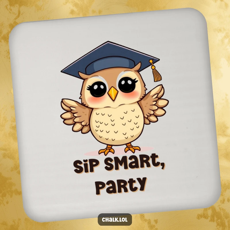 Funny graduation owl coaster featuring a silly, excited owl in a cap, flapping wings. Protects furniture with humorous academic-themed art.
