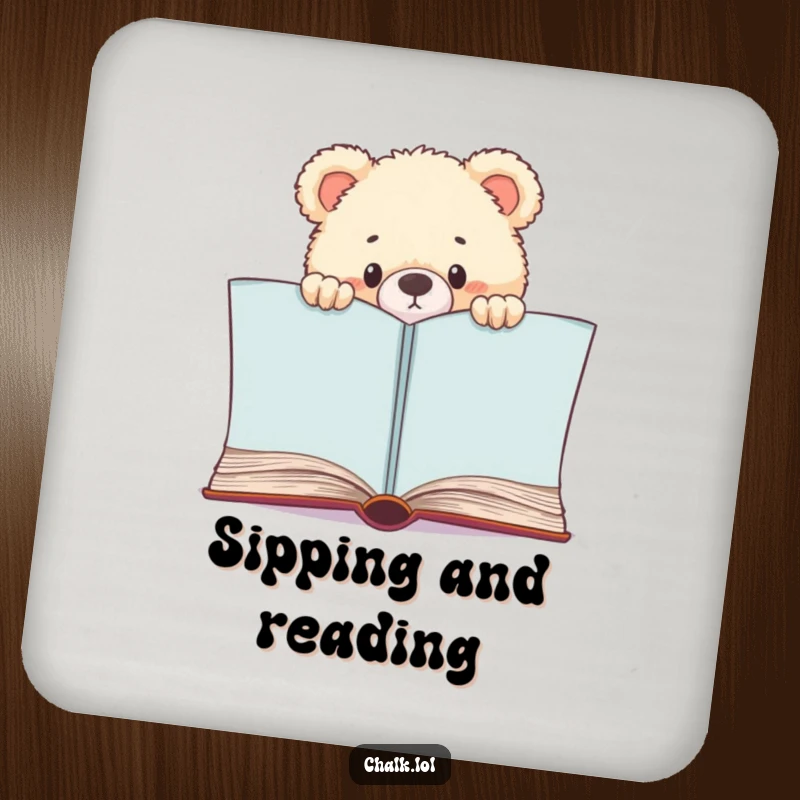 Funny Bear Cub Bookworm Coaster Set, a cub peeks over a book, protecting tables with cuteness, a funny gift for hosts.