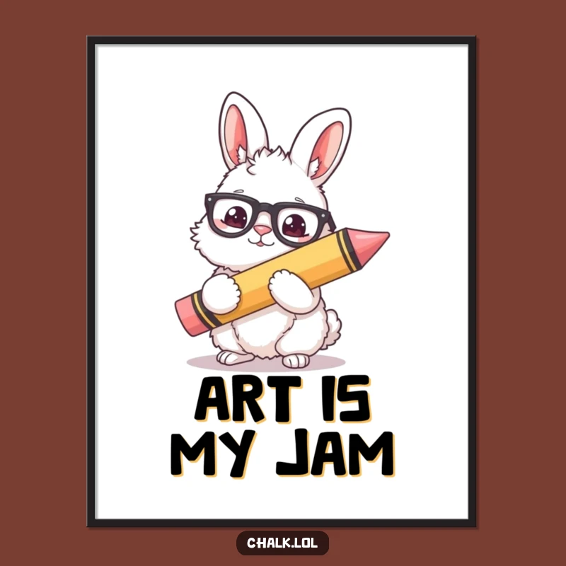 Funny Bunny Artist Poster - Fluffy Rabbit with Crayon Wall Art, Great Funny Gift Decor