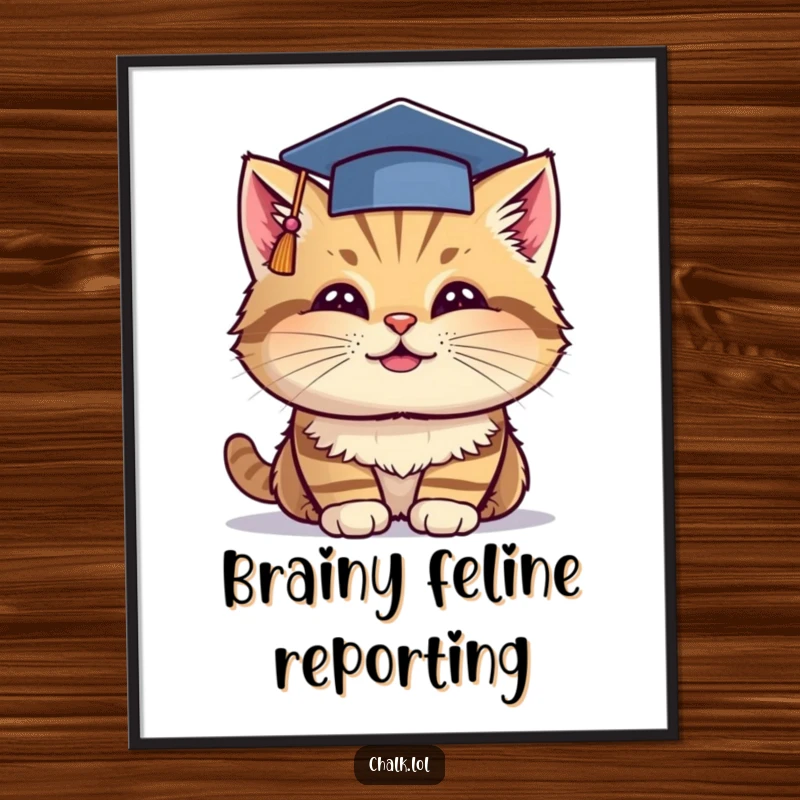 Funny Grad Cat Poster: A cheerful cat wearing a graduation cap dips chalk, creating a smart and humorous piece of wall art.