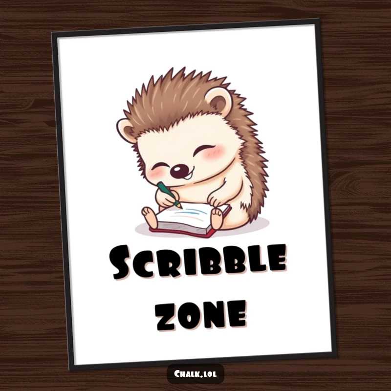 Funny Hedgehog Poster: A charming illustration of a happy hedgehog scribbling furiously on a tiny notepad.