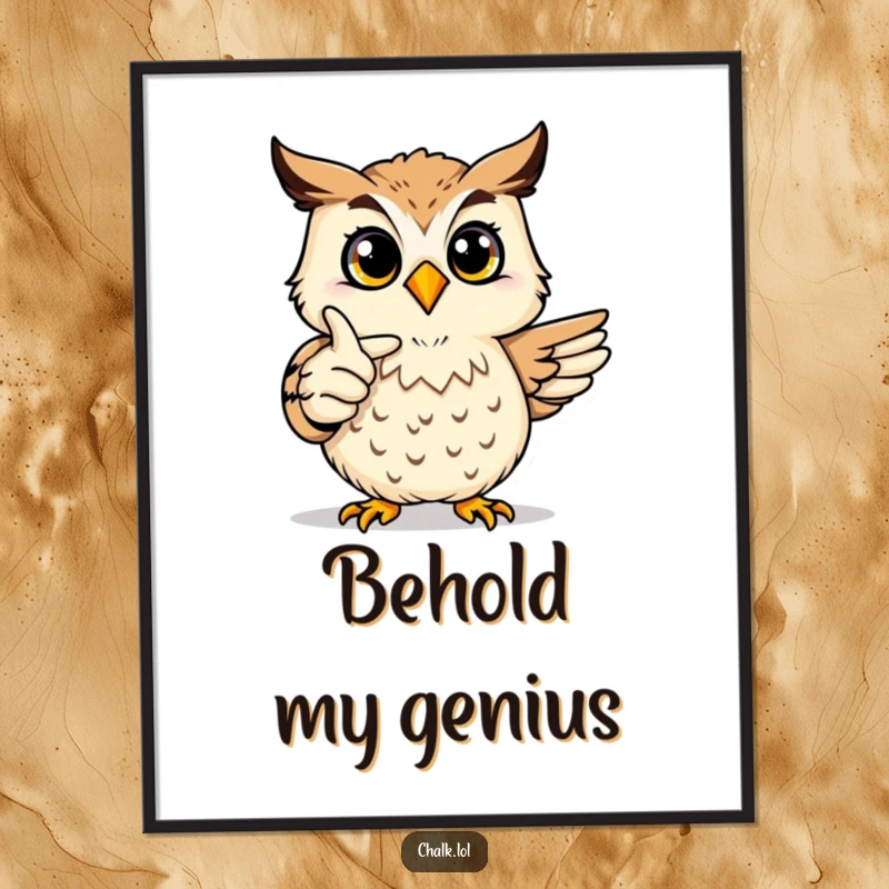 Funny Owl Art Poster: A joyful owl proudly points at a colorful drawing, creating a whimsical and artistic statement piece for walls.