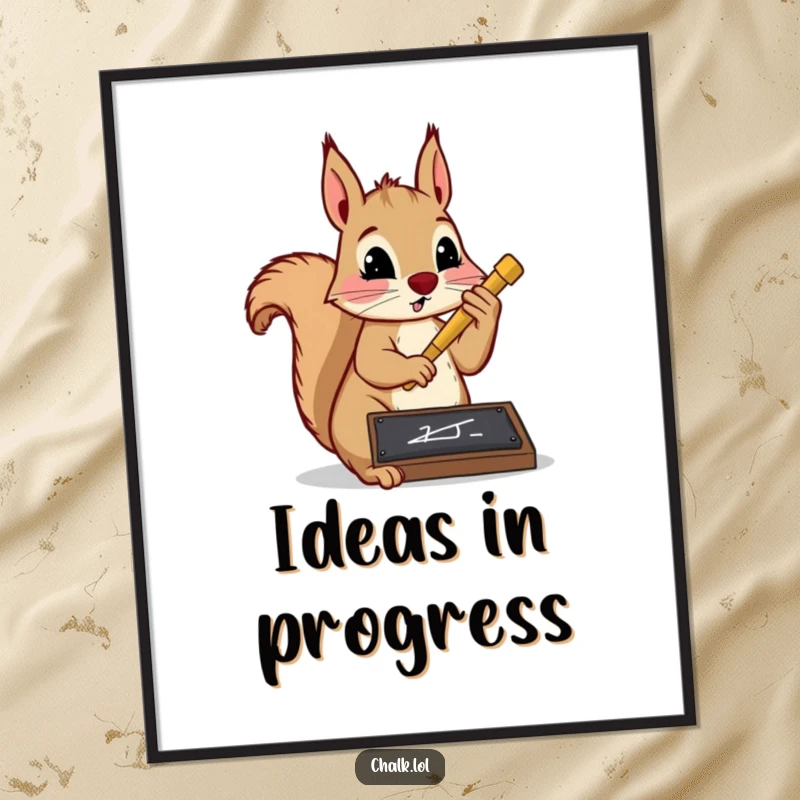 Funny squirrel scholar poster featuring a determined squirrel writing with chalk on a slate. Motivational and humorous wall art for students.