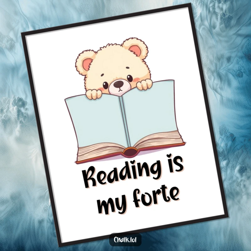 Funny Bear Cub Bookworm Poster, a cub peeks from a book, bringing literary magic and humor, a funny gift for art lovers.