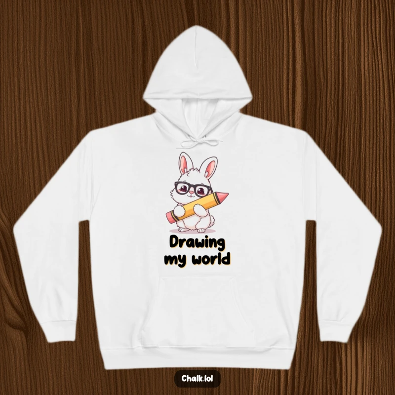 Funny Bunny Artist Hoodie: A fluffy bunny with glasses holding a huge crayon, depicted on a soft, humorous hoodie for artists.