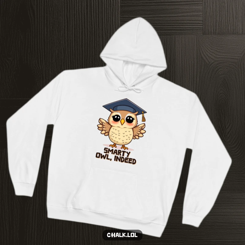 Funny graduation owl hoodie showing a silly, excited owl with a cap, flapping wings in celebration. Cozy and humorous academic apparel for gifting.