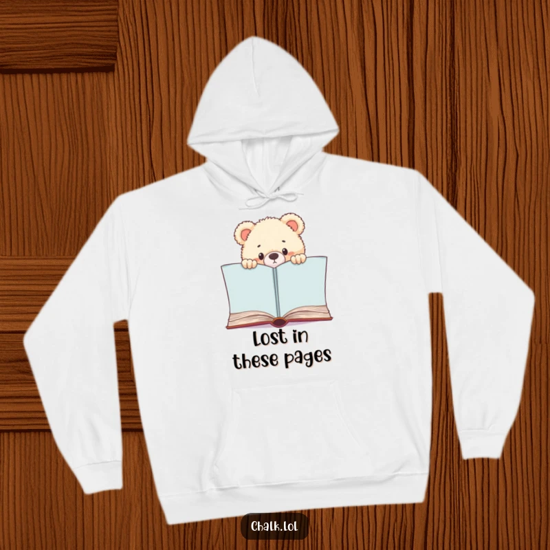 Funny Bear Cub Bookworm Hoodie, a curious cub peeks from a book, offering warmth and literary charm, a funny gift for readers.