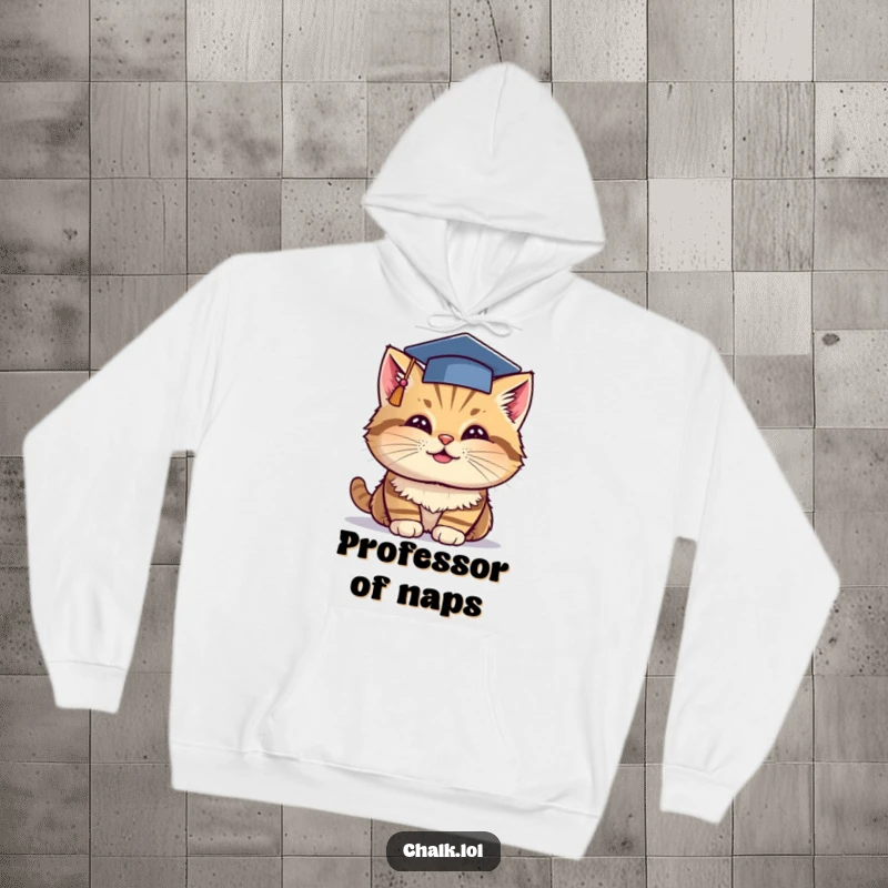 Funny Grad Cat Hoodie: A cheerful cat in a graduation cap dips chalk, depicted on a cozy hoodie for smart celebrations.
