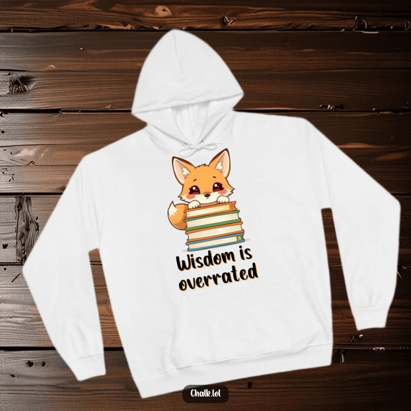 Funny hoodie featuring a curious fox looking over a stack of textbooks, perfect for chilly study nights or casual wear.