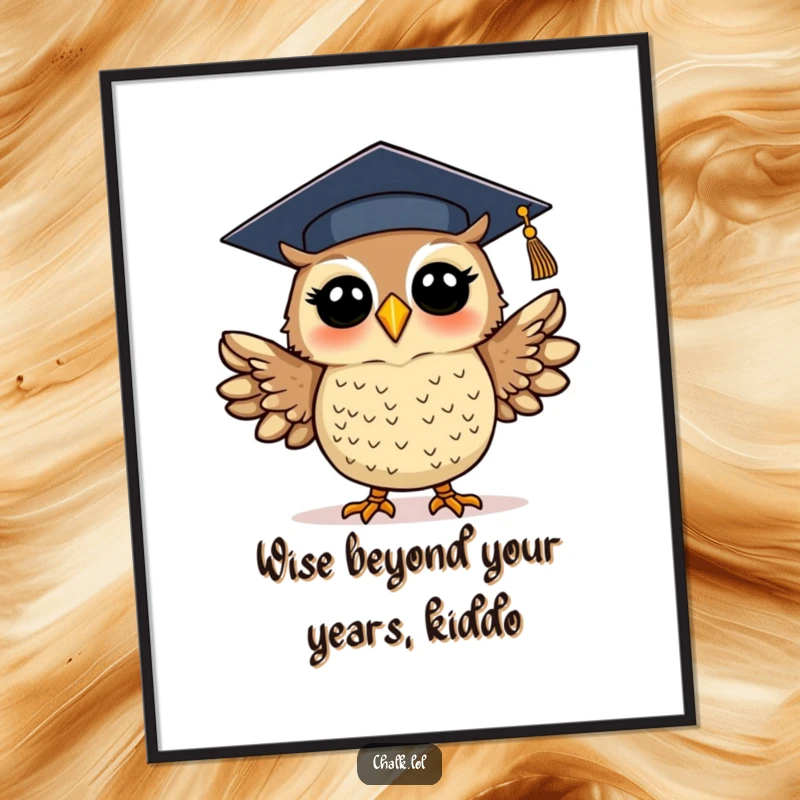 Funny Free Printable Wall Art: A silly owl dons a graduation cap, flapping its wings in ecstatic celebration.