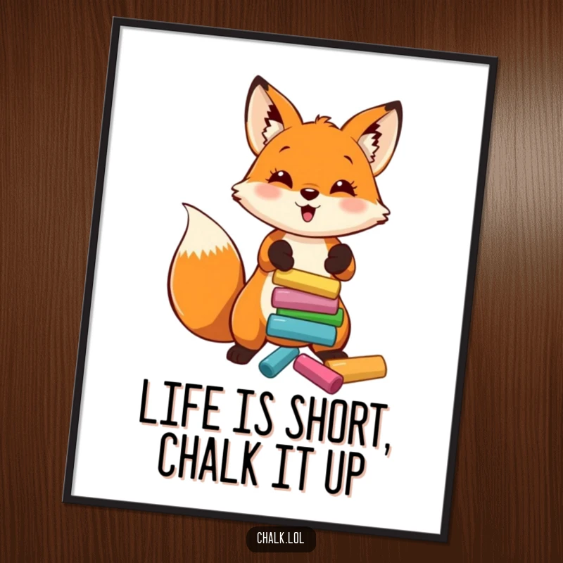 Funny Free Printable Wall Art: A cheerful fox joyfully tossing a stack of brightly colored chalk, adding artistic flair.