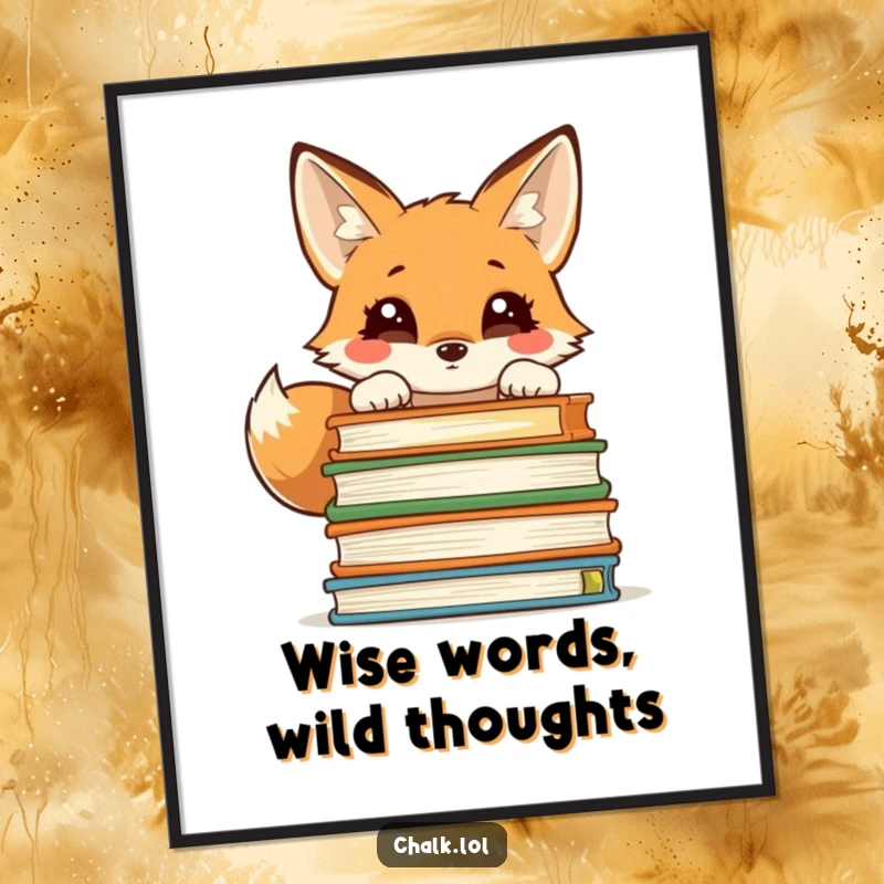 Funny Free Printable Wall Art: A curious fox peeking over a stack of textbooks, symbolizing wisdom and wit.