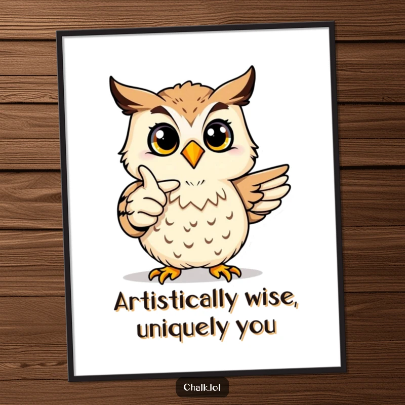 Funny Free Printable Wall Art: Joyful owl proudly pointing at a colorful and creative drawing.