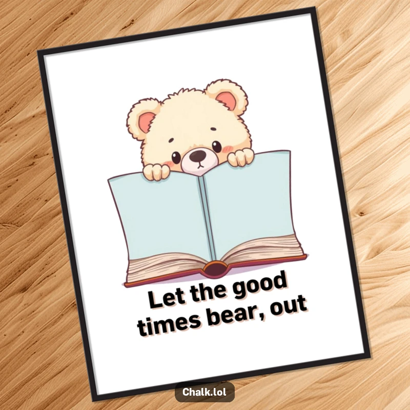 Funny Free Printable Wall Art: Adorable fluffy bear cub peeking over a huge open book, inspiring curiosity and wonder.