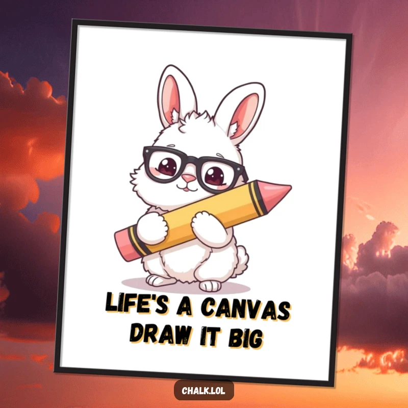 Funny Free Printable Wall Art: Fluffy bunny wearing glasses, holding a giant crayon, ready to create.